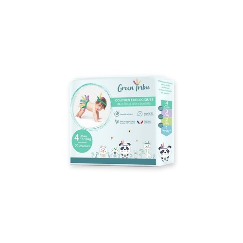 GREEN TRIBU COUCHES ÉCOLOGIQUES HYPOALLERGÉNIQUES POUR BÉBÉ TAILLE 4 (7 À 18 KG) 22 COUCHES