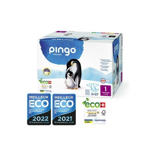 PINGO COUCHES ÉCOLOGIQUES JETABLES NEW BORN JUMBO TAILLE 1 (2-5 KG) 2X27 COUCHES