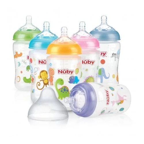 Nûby Biberon en Polycarbonate Col Large 360ml imprimé avec tétine silicone SoftFlex à debit lent +3mois Réf : ID1194