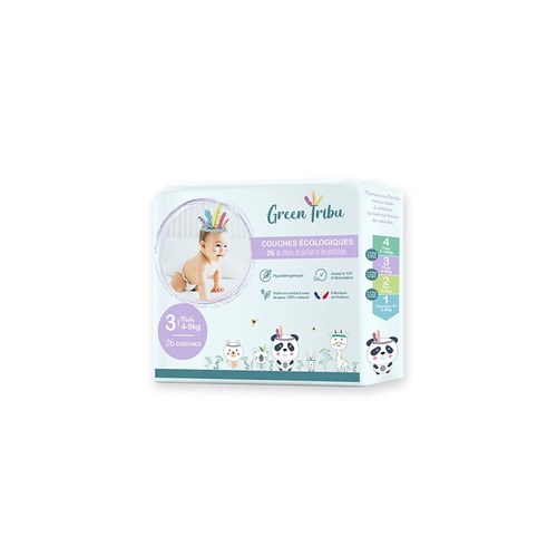 GREEN TRIBU COUCHES ÉCOLOGIQUES HYPOALLERGÉNIQUES POUR BÉBÉ TAILLE 3 (4 À 9 KG) 26 COUCHES