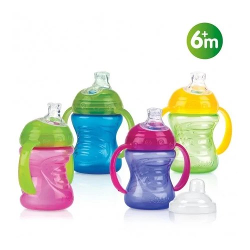 Nûby Gobelet easy grip Poly 240ml avec anses Bec silicone souple anti-goutte Flux variable +6 mois Réf : ID10052